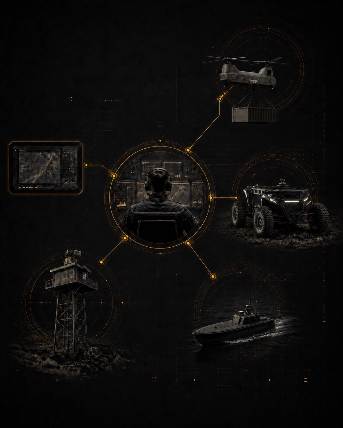 One operator at a command console directing a network of autonomous systems: a helicopter, ground vehicle, watchtower, and uncrewed boat linked by a control mesh.